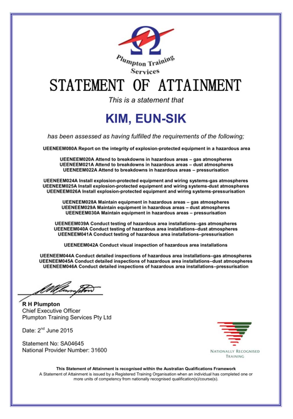 EEHA Certificate 4
